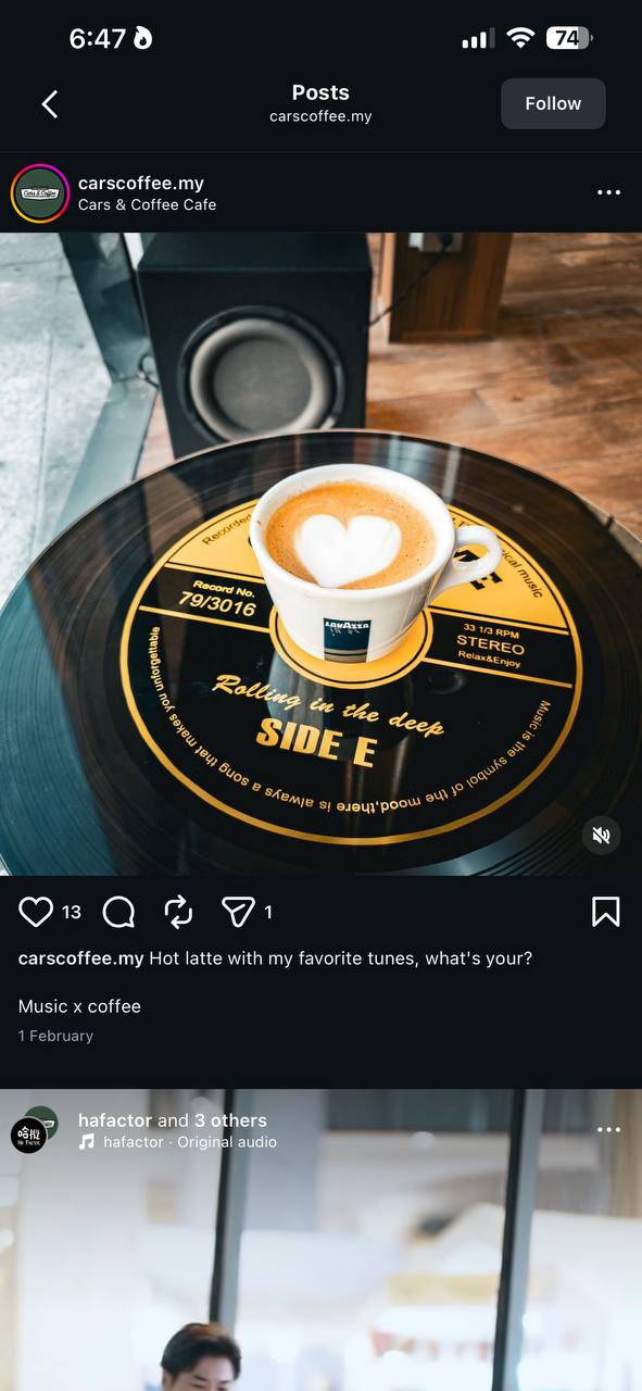 Latte art poured on a vinyl record with Lavazza branding — the intersection of music, coffee, and culture